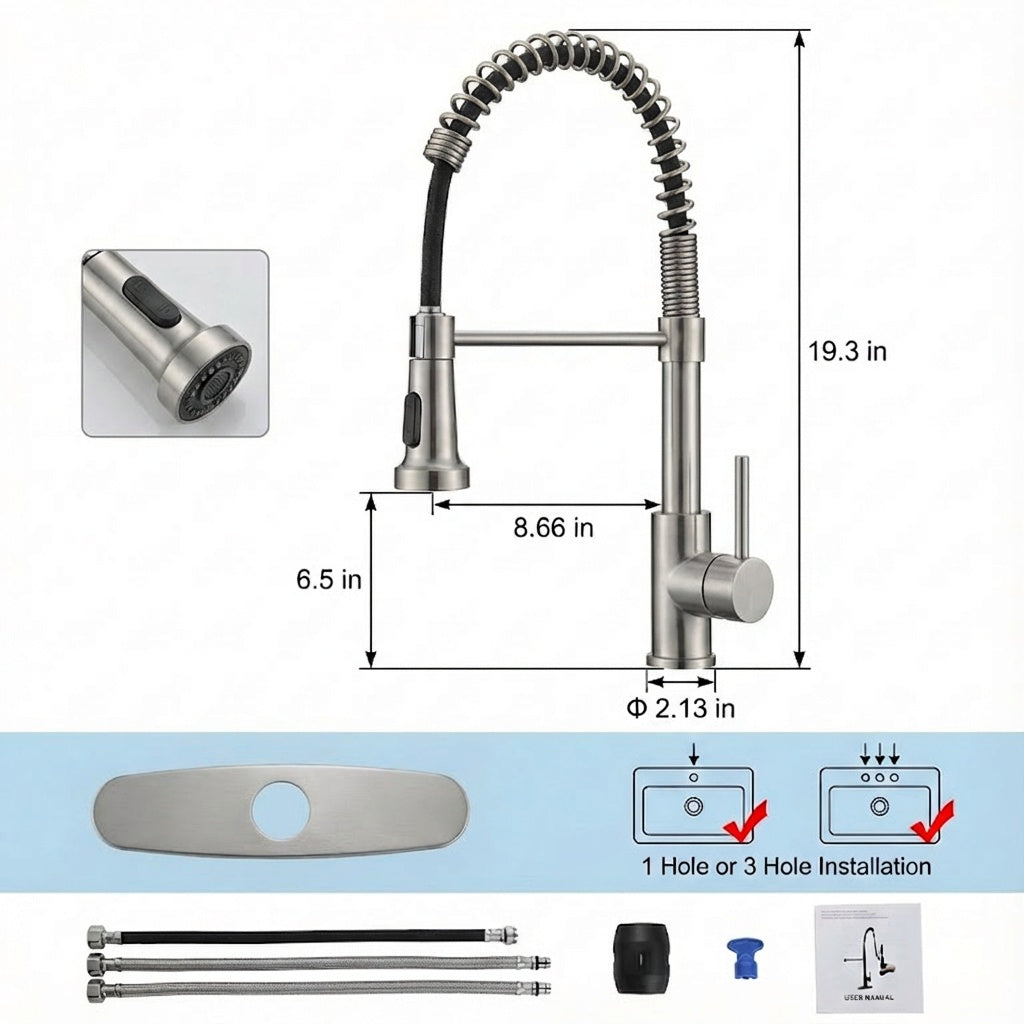 Industrial Kitchen Faucet With Pull Down Sprayer, Single Handle Stainless Steel Kitchen Faucet, 1 Or 3 Hole Installation, Farmhouse Style, Brushed Nickel