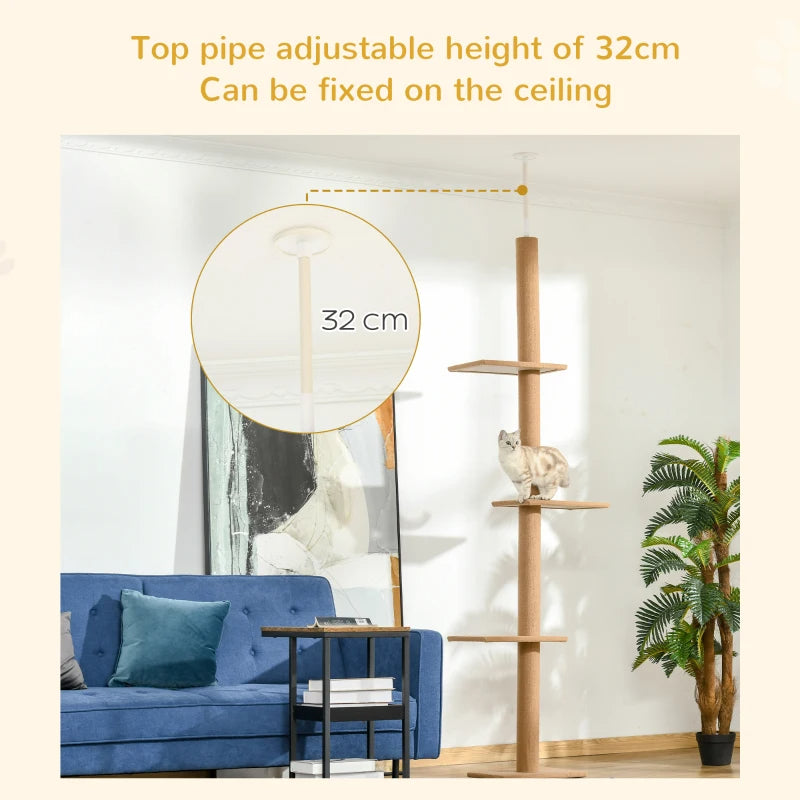 PawHut Floor-to-Ceiling Cat Tree Cat Climbing Tower With Sisal-Covered Scratching Posts Natural Cat Tree Activity Center For Kittens Cat Tower Furniture, Brown