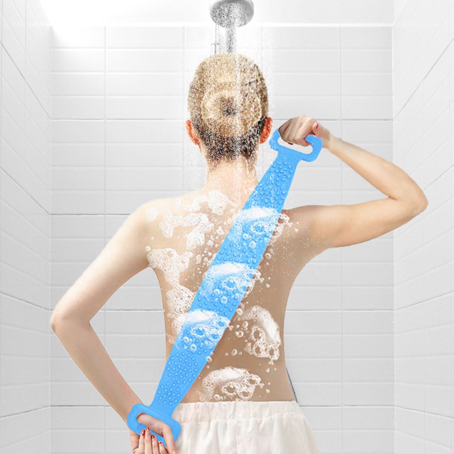 Silicone Back Scrubber Belt For Shower Exfoliating Foaming Body Wash Strap Brush Bristles Massage Dots With Adhesive Hook