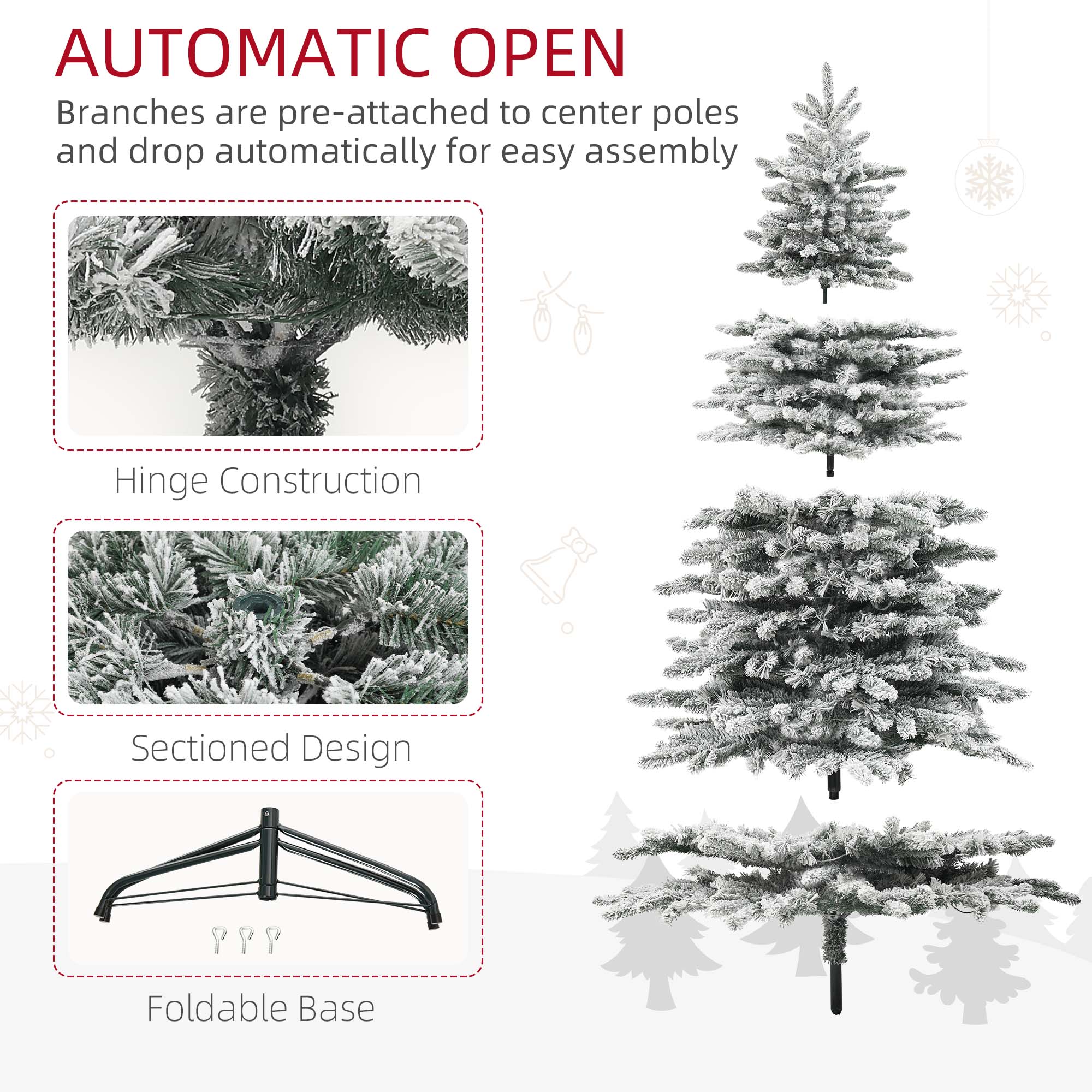 7.5ft Snow Flocked Artificial Christmas Tree, Pre-Lit Christmas Tree with 500 LED Lights and 1264 Branch Tips, Green