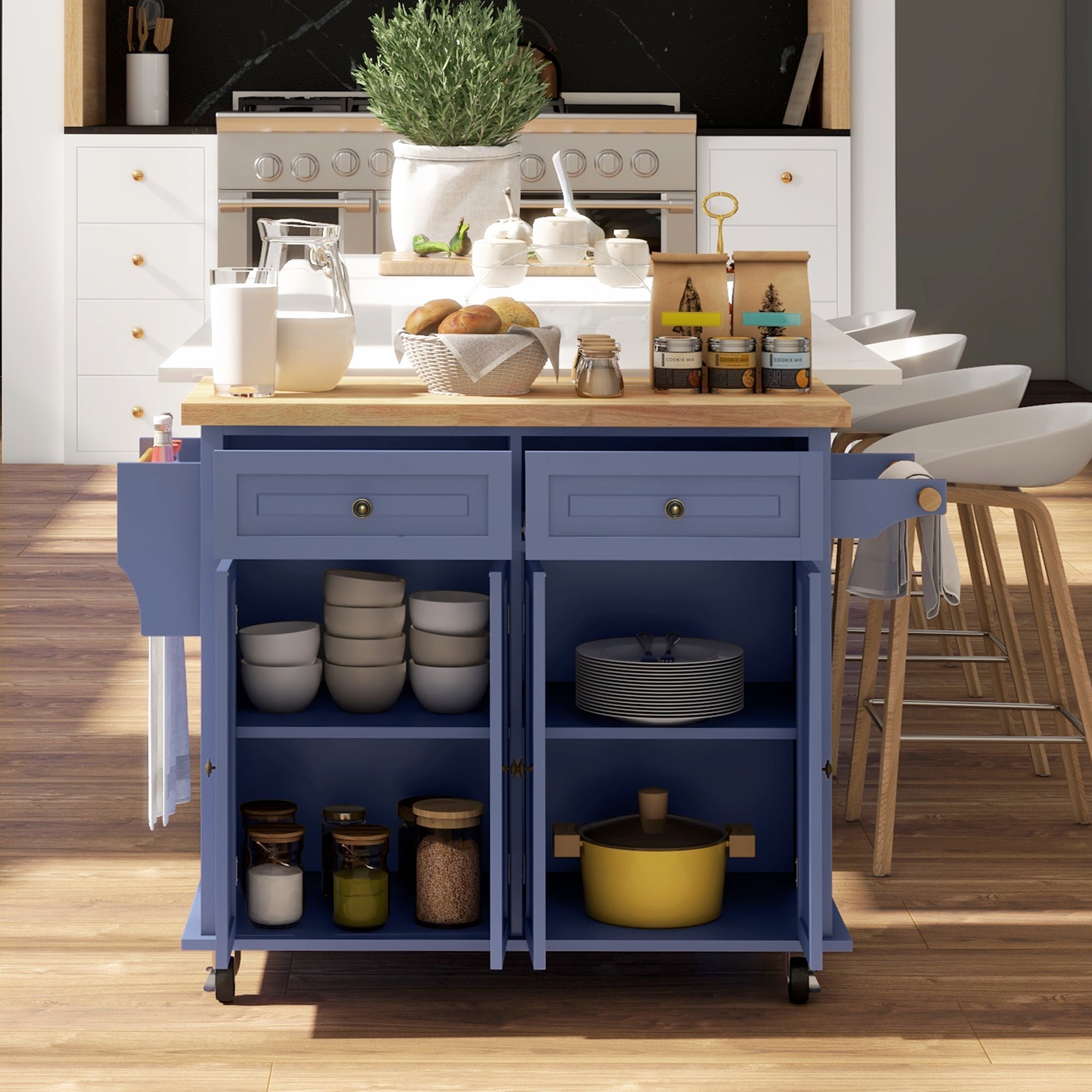 Kitchen Island on Wheels, Rolling Cart with Rubberwood Top, Spice Rack, Towel Rack and Drawers, Navy Blue