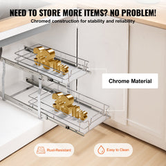2-Tier 12"Wx21"Dx15"H Wire Pull Out Cabinet Under Sink Organizer Drawer Basket, 13.5"Wx22"Dx18"H Install Size For Cabinet