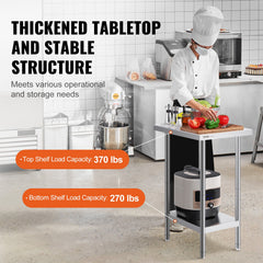 Stainless Steel Prep Table, 24 X 18 X 34 Inch, Heavy Duty Metal Worktable With 3 Adjustable Height Levels, Commercial Workstation For Kitchen Garage Restaurant Backyard