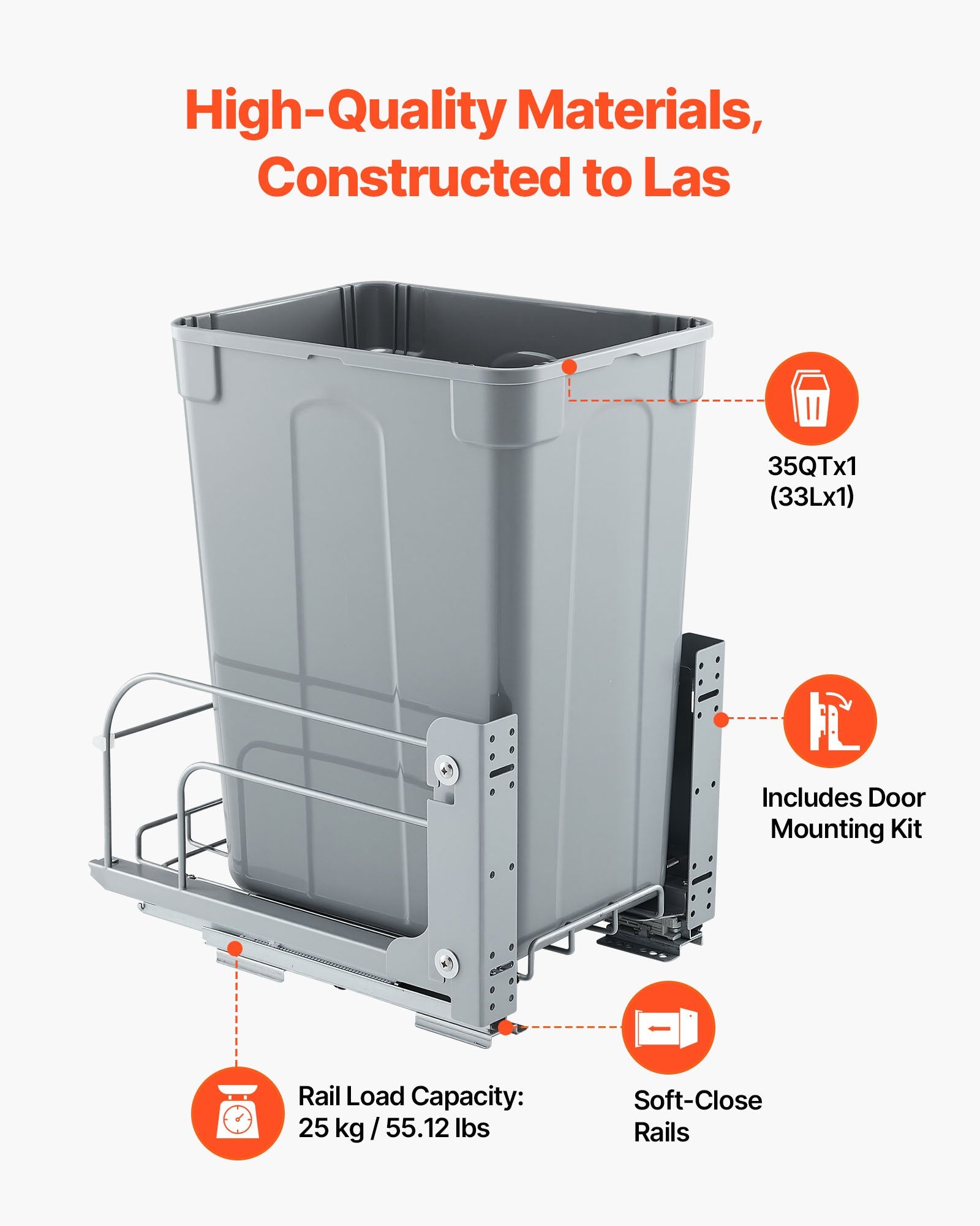 35QT Pullout Waste Container Under Cabinet Kitchen Bin Trash Can Soft Close