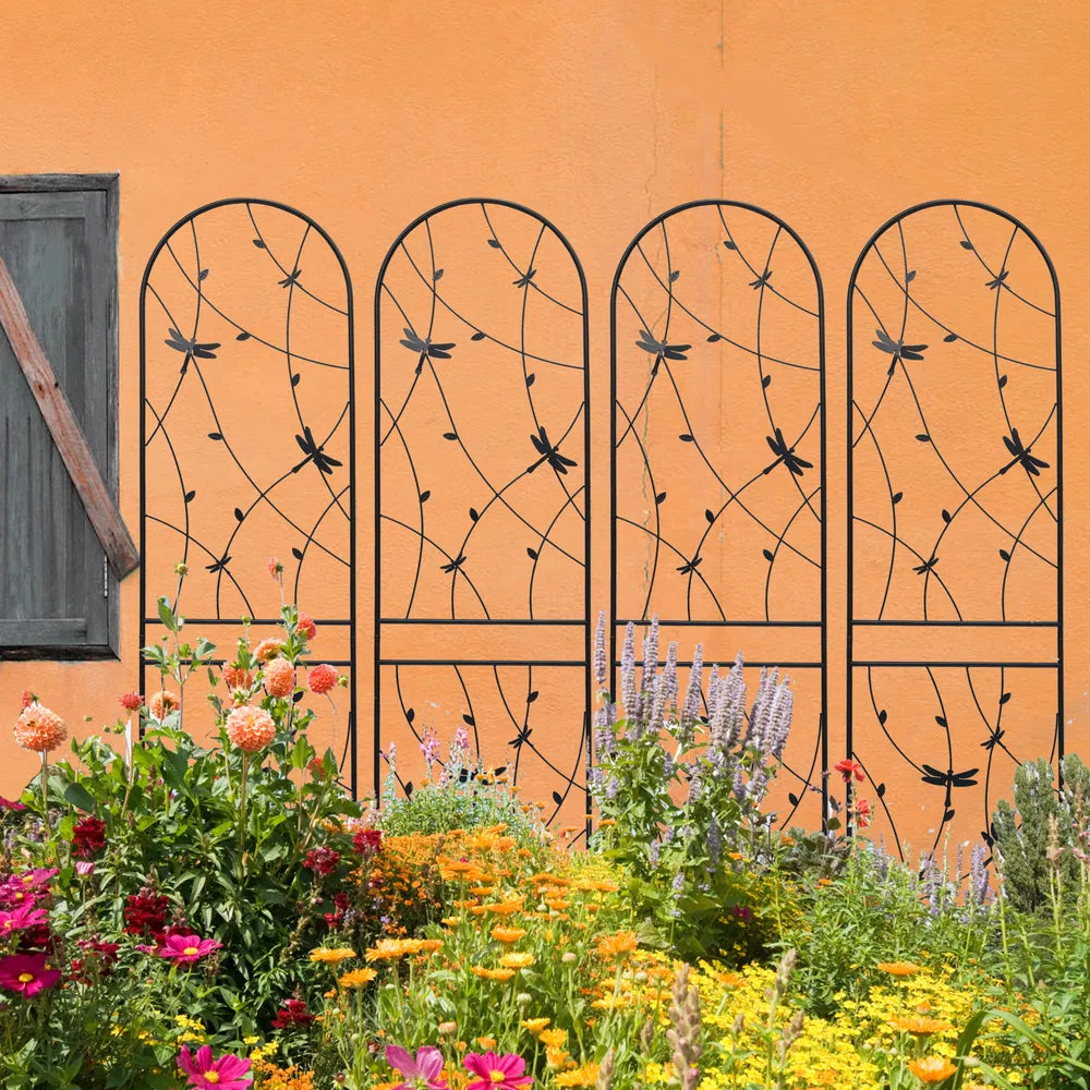 4 Pack Metal Garden Trellis 86.7" X 19.7" Rustproof Trellis For Climbing Plants Outdoor Flower Support Dragonfly Deco Black