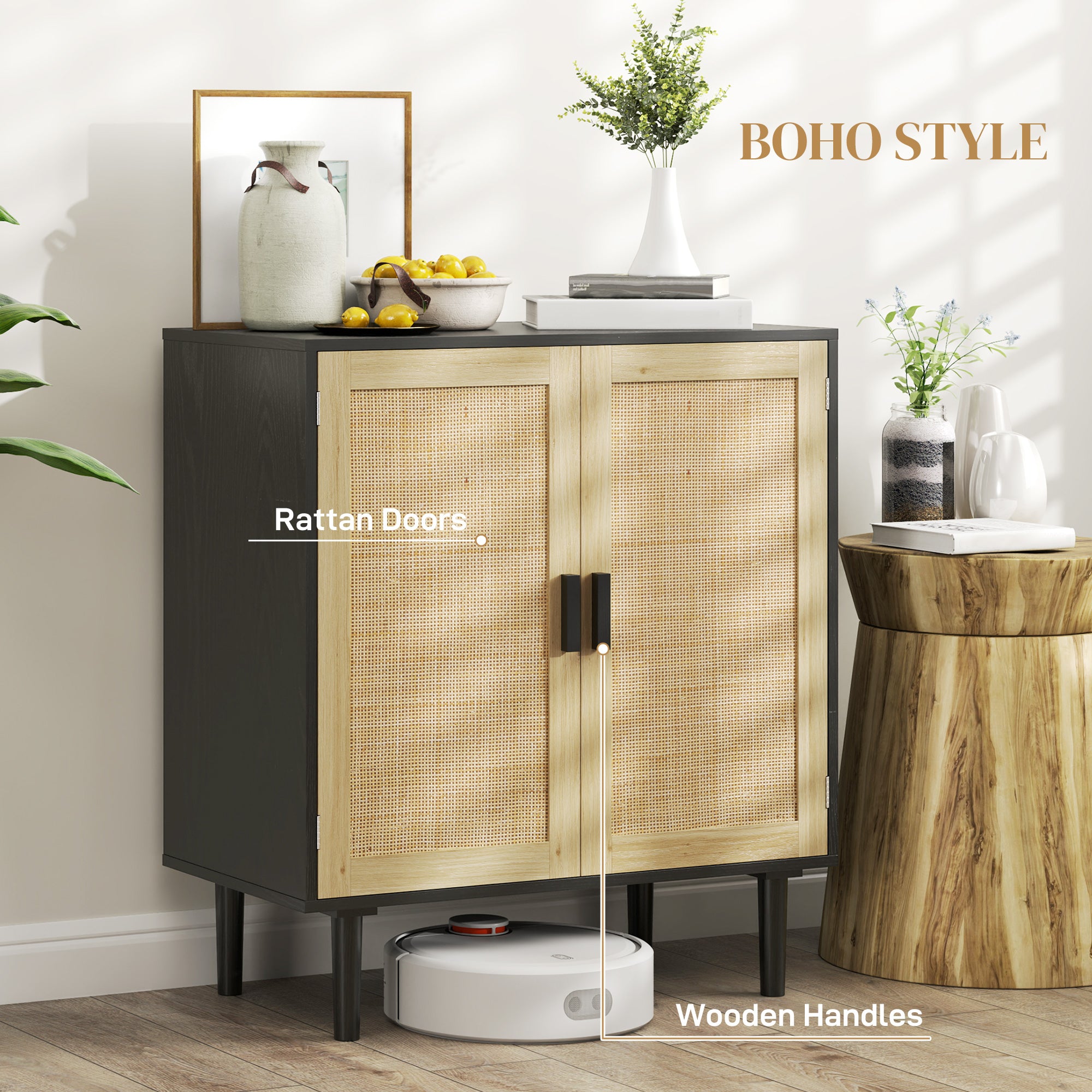 Bohemian Sideboard, 31.5" Buffet Cabinet with 2 Rattan Doors and Shelves for Living Room, Hallway, Black
