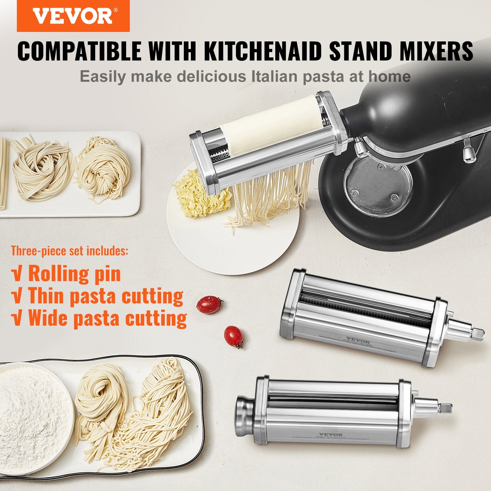 Pasta Attachment For KitchenAid Stand Mixer, Stainless Steel Pasta Roller Cutter Set Including Pasta Sheet Roller, Spaghetti And Fettuccine Cutter, 8 Adjustable Thickness Knob Pasta Maker, 3Pcs