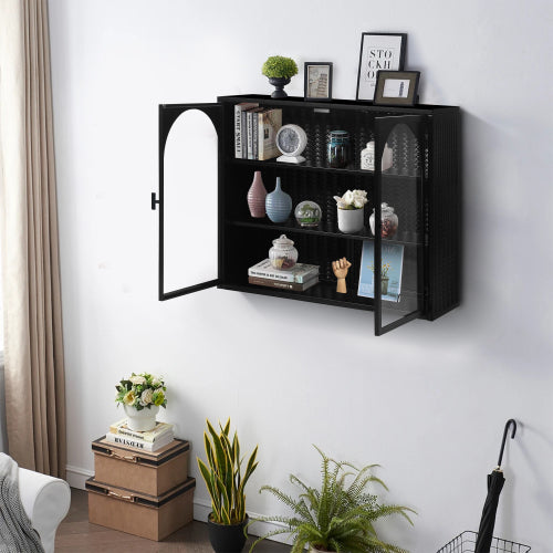 Modern Two-door Wall Cabinet With Glass Door With Characteristic Woven Pattern, Black Unavailable Platforms- Temu