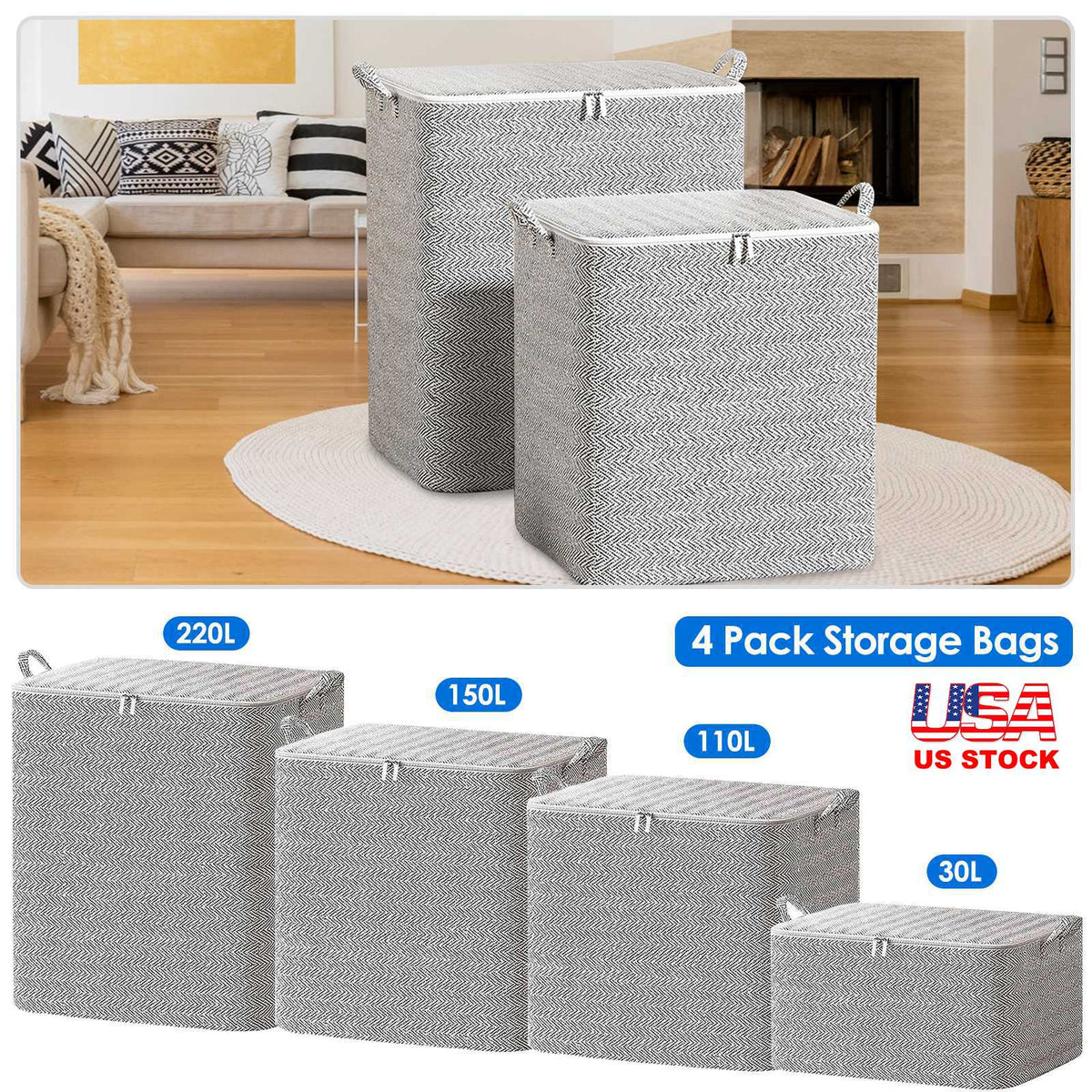 4 Pack Foldable Non Woven Storage Bags Closet Organizers Wardrobe Sorting Baskets With 2 Handles Dustproof Lid Zipper For Clothes Quilt 30L 110L 150L 220L
