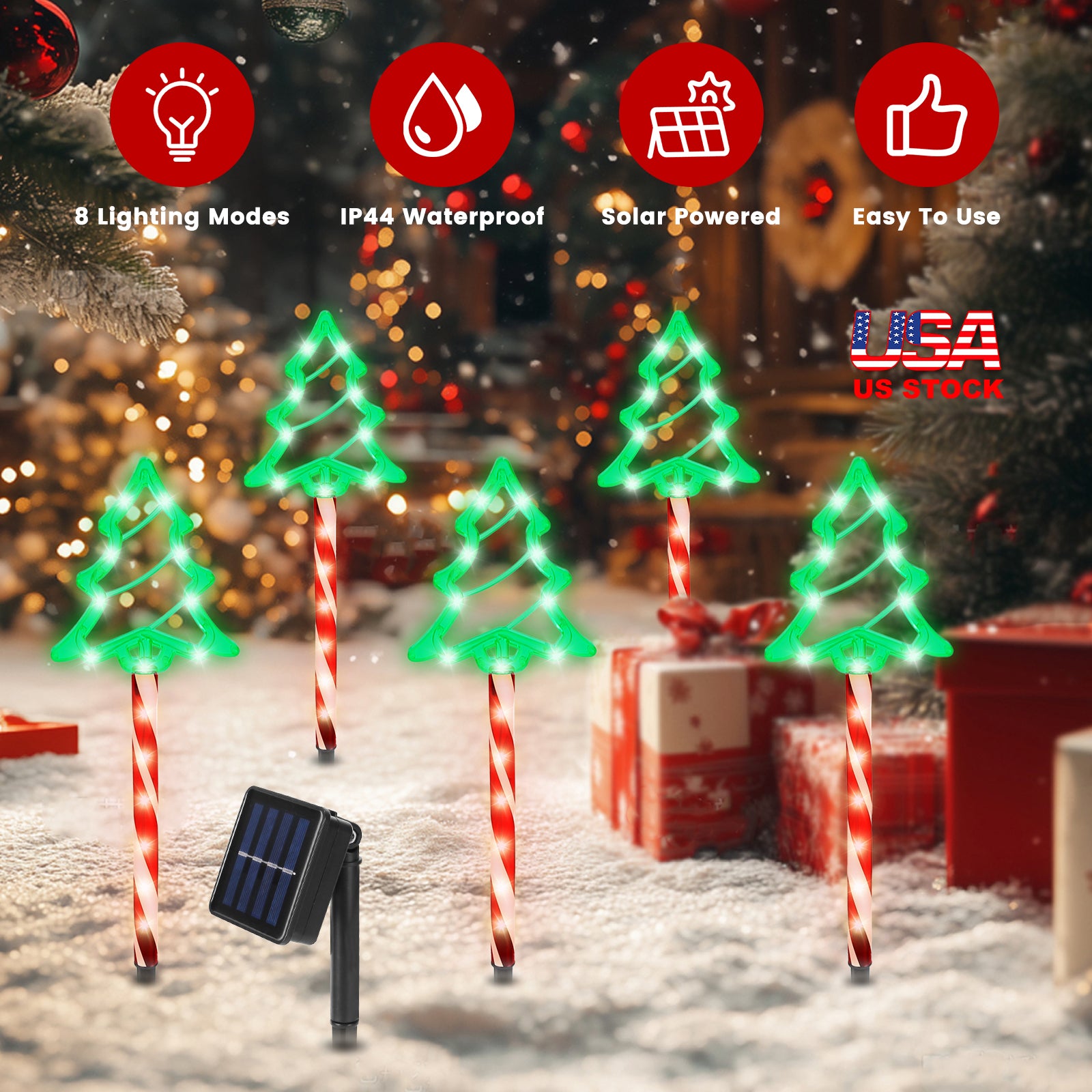 Deer Or Tree Options 5Packs Christmas Outdoor Pathway Light With 8 Modes IP44 Waterproof Xmas Decoration Stake Light Tree Candy Light For Garden Lawn Porch Yard Driveway