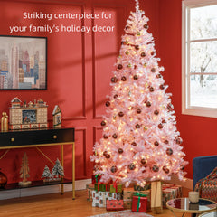 HOMCOM 7.5' Tall Prelit Christmas Tree Douglas Fir Artificial Christmas Tree With Realistic Branches, 500 Warm White LED Lights And 1346 Tips, Pink