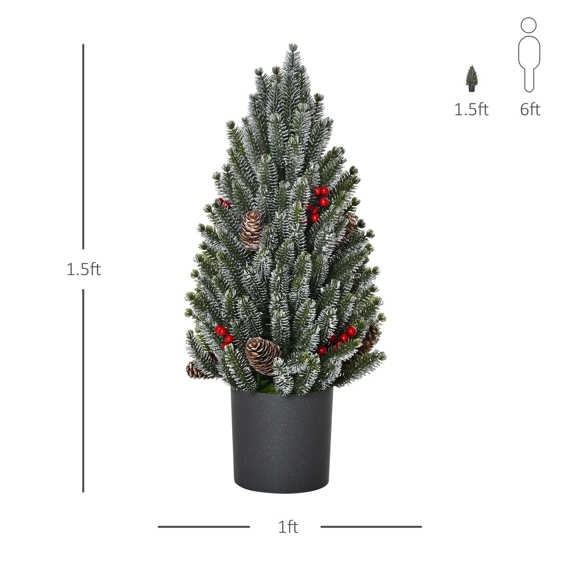 HOMCOM 18 Tall Unlit Miniature Snow-Flocked Tabletop Artificial Christmas Tree, Holiday Decoration With Pine Cones And Berries