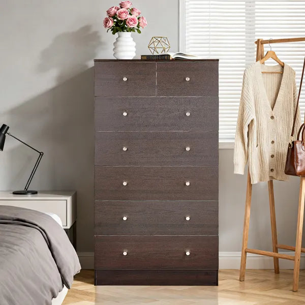 Brown Particleboard With A Textured Melamine Finish, 66*40*131cm, 5+2 Drawer Cabinet, Matte Gold Handles