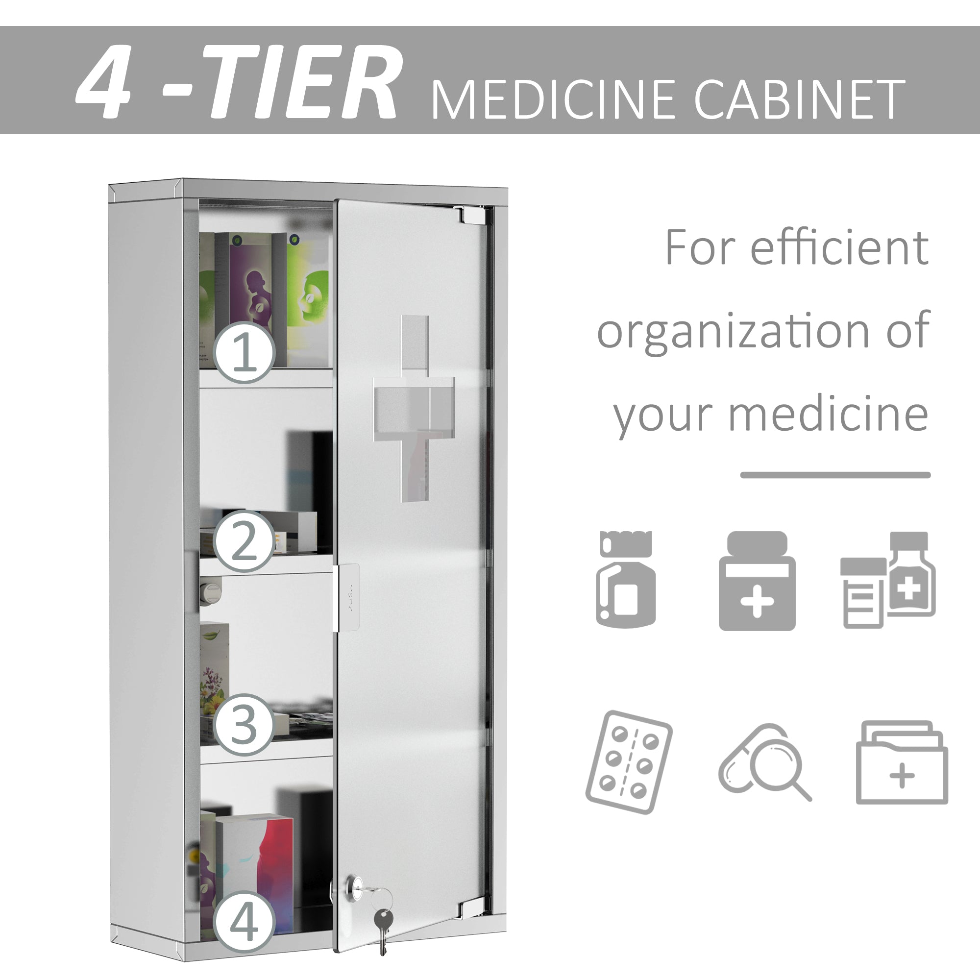 12" x 24" Lockable Medicine Cabinet, 4 Tier Stainless Steel Medical Wall Box with 2 Keys and Shelves for Bathroom