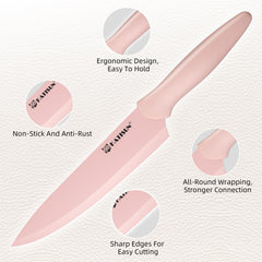 Kitchen Knife Set With Block, 14 Piece Pink Non-Stick Paint Coating Stainless Steel Knives Set, Anti-Rust And Dishwasher Safe, 12 Knives With Kitchen Shears And Block Pink