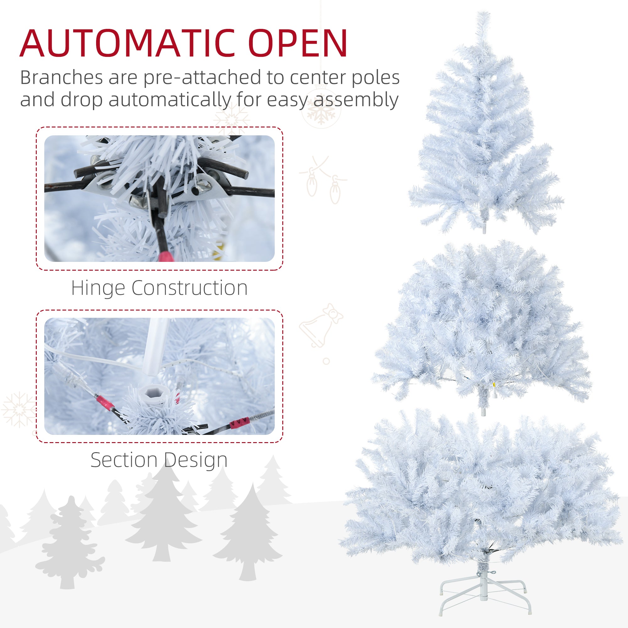 HOMCOM 6ft Tall Prelit Artificial Christmas Tree Holiday Decor With 638 Branches, 220 Warm White LED Lights, Auto Open, White