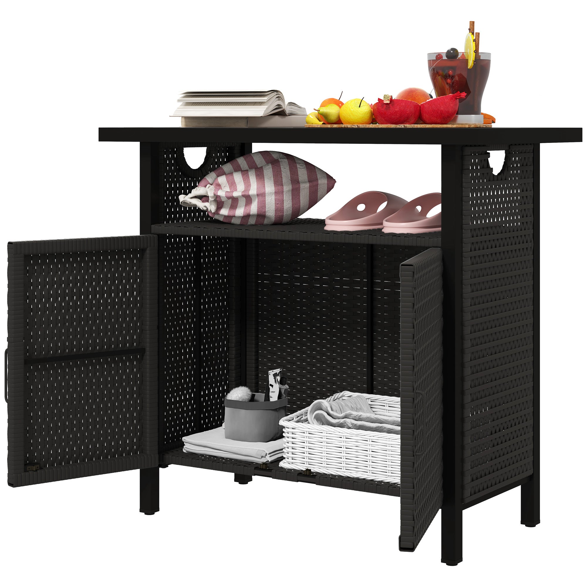 Outdoor Pool Towel Storage Cabinet Organizer, Outdoor Bar Table With Shelf And Cabinet, Pool Towel Holder Pool Valet With Weather-Resistant PE Rattan And Steel Frame, Espresso