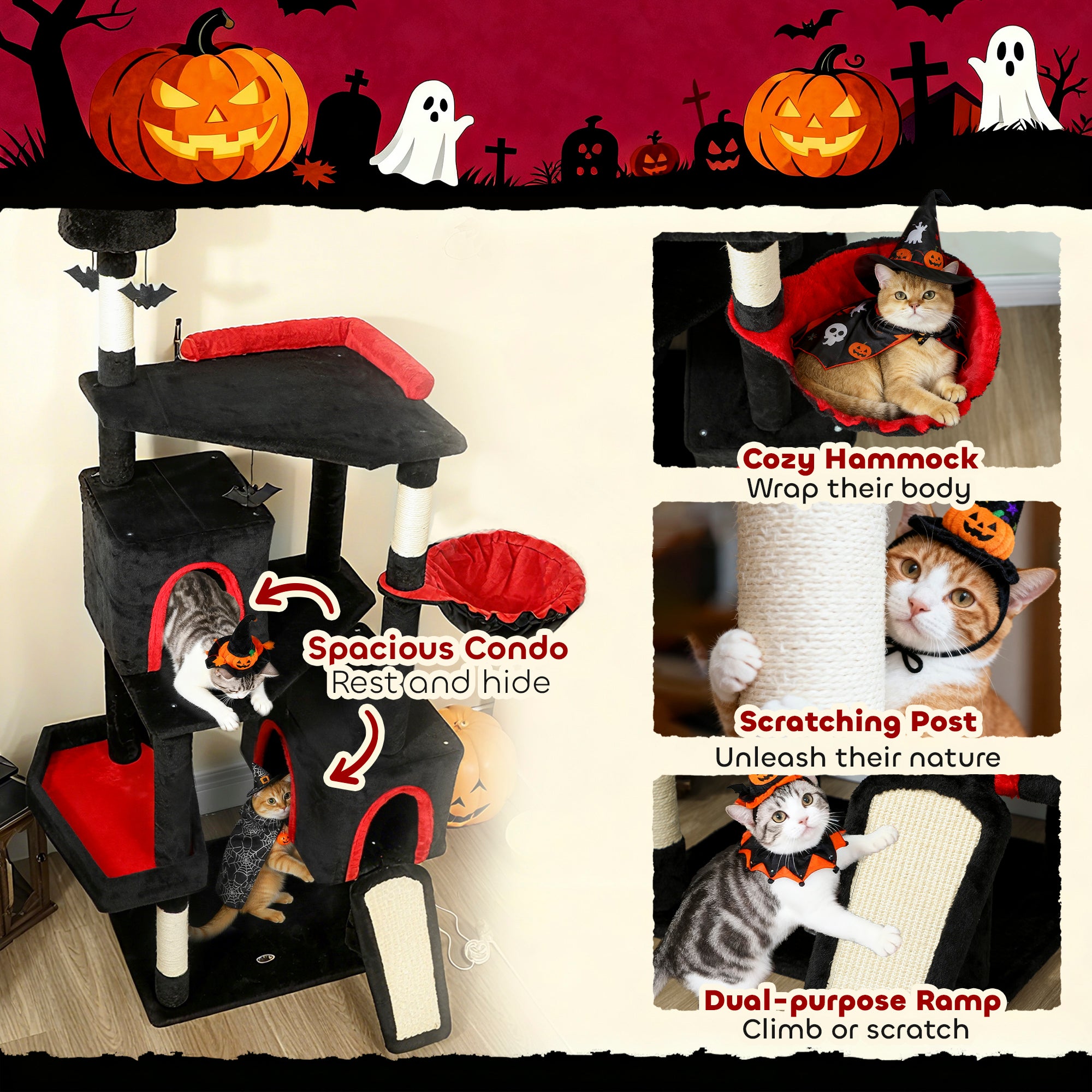78" Gothic Cat Tree, Cat Tower with Coffin Bed, 2 Spacious Condos, Sisal Scratching Posts, Bat Hanging Balls, Halloween