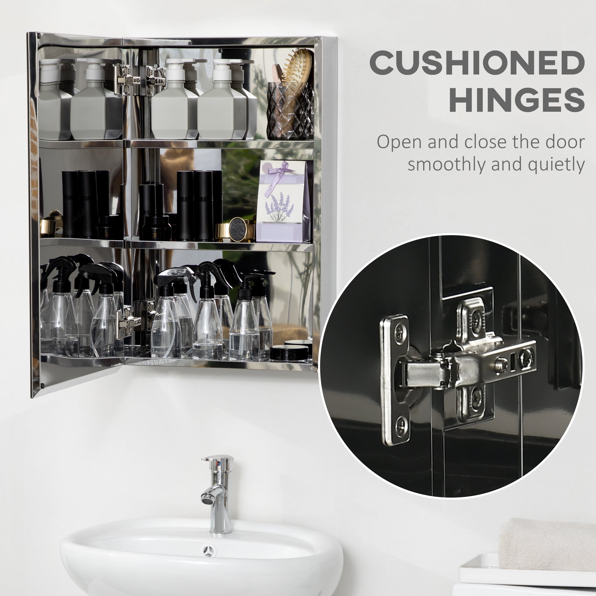 Wall Mounted Bathroom Medicine Cabinet Mirrored Cabinet with Hinged Door 3-Tier Storage Shelves Silver