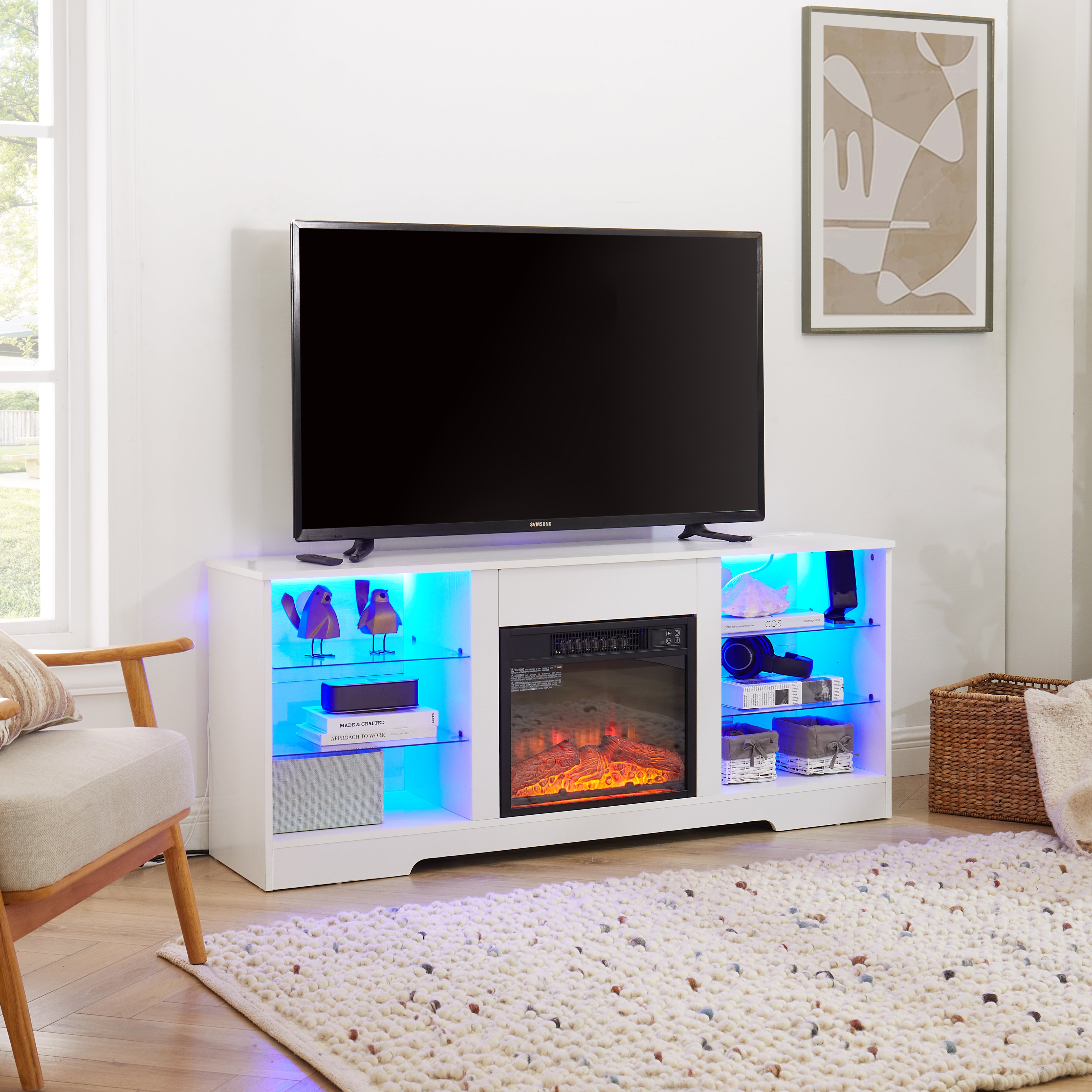 TV Stand Electric Fireplace  Glass Shelves, 3D Fireplace TV Stand With LED Lights Wood With USB Charging Outlet Modern Television Table Center For TV Up To 62 White, 58Wx15.5Dx24.4