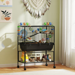 3 Tier Hamster Cage, Rolling Rat Cage with Deep Tray, Storage Shelf, Big Exercise Wheel, Hut, Tube System