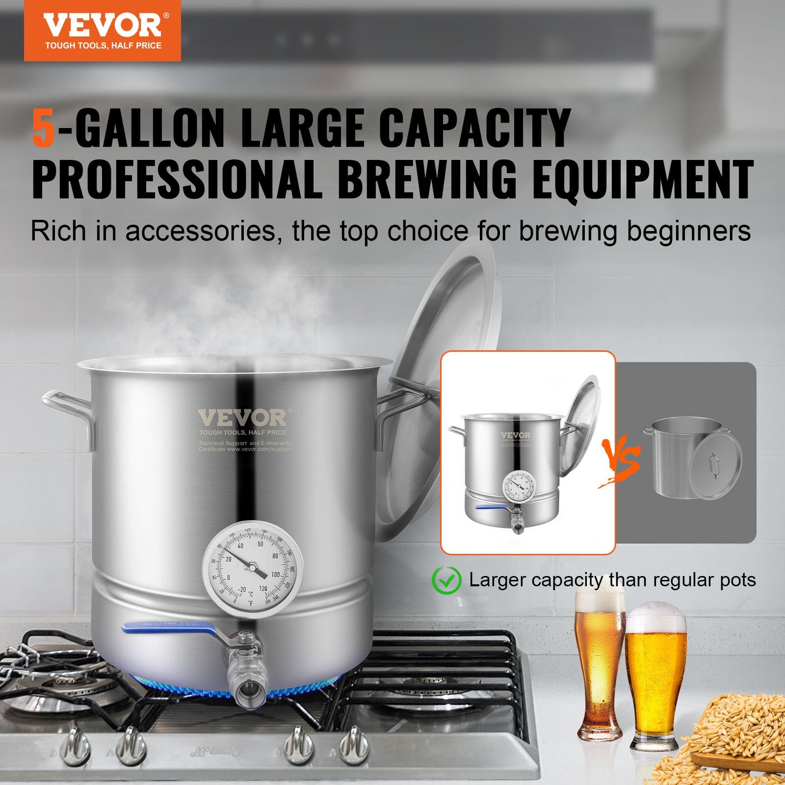 Stainless Steel Kettle, 5 GALLON Brewing Pot, Tri Ply Bottom For Beer, Brew Kettle Pot, Home Brewing Supplies Includes Lid, Handle, Thermometer, Ball Valve Spigot, Filter, Filter Tray