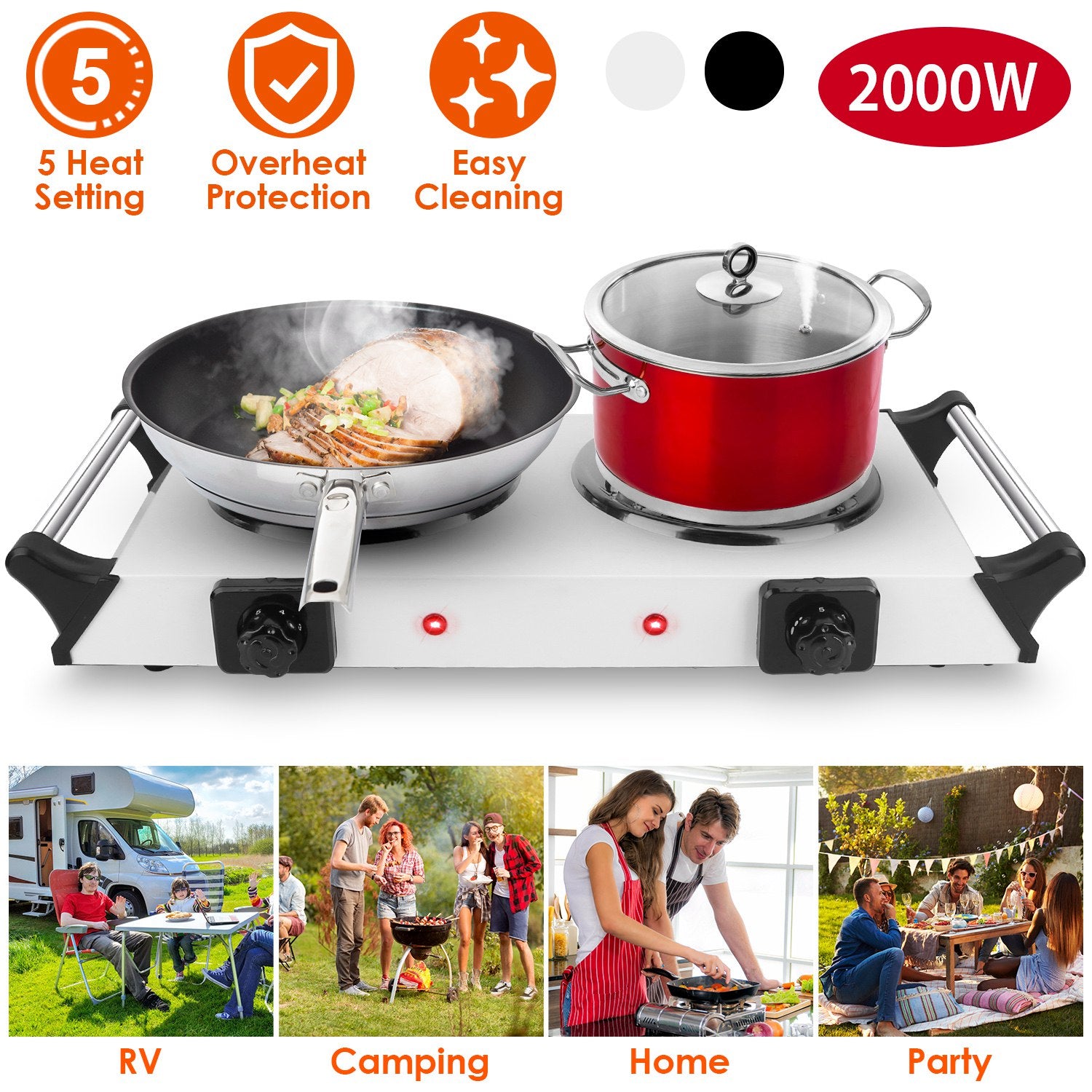 2000W Electric Dual Burner Portable Coil Heating Hot Plate Stove Countertop RV Hotplate With 5 Temperature Adjustments Portable Handles For Food Preparation