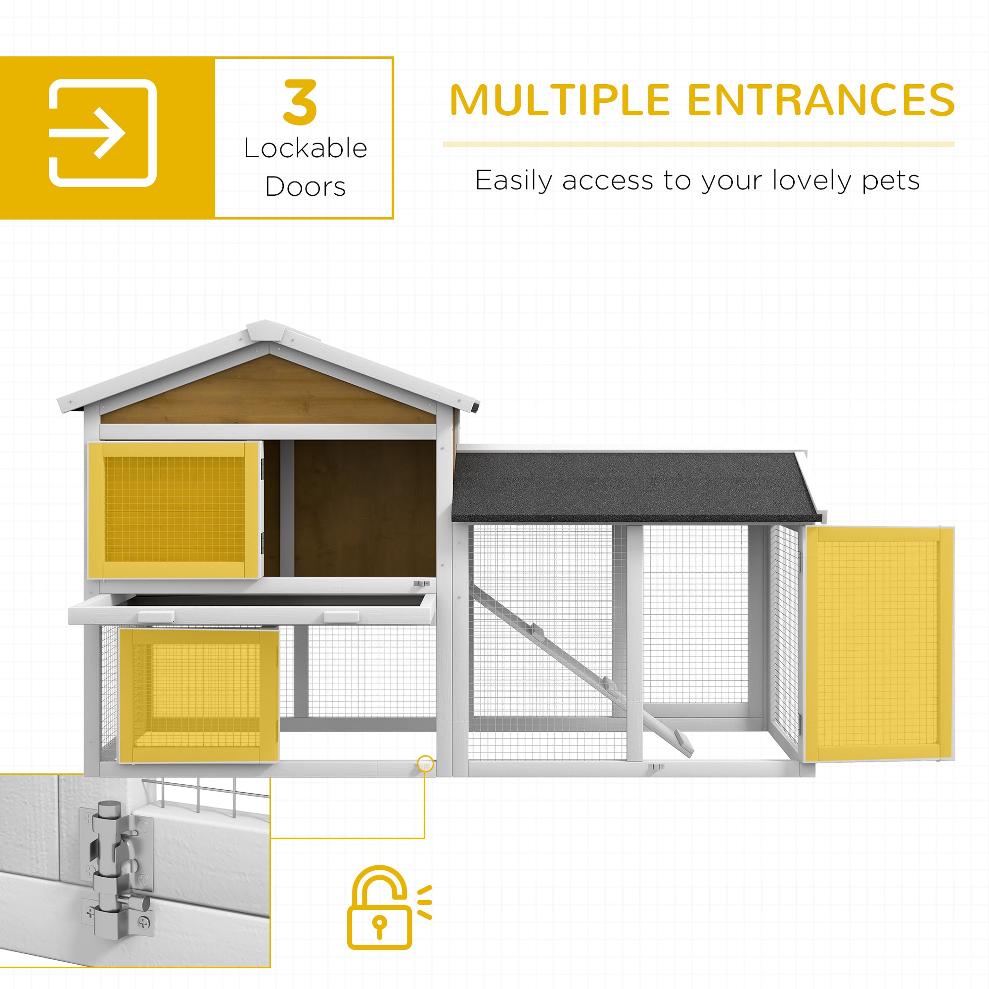 58" Wooden Rabbit Hutch with Run, Removable Tray, Asphalt Roof,  Lockable Doors and Ramp, Nature Wood