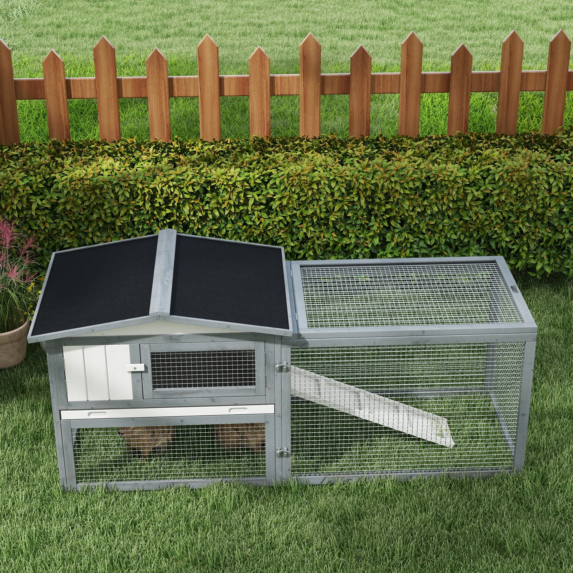 Large Rabbit Cage Outdoor 61"L Guinea Pig Hutch w/ Run Feeding Trough Removable Tray Ramp Asphalt Roof, White