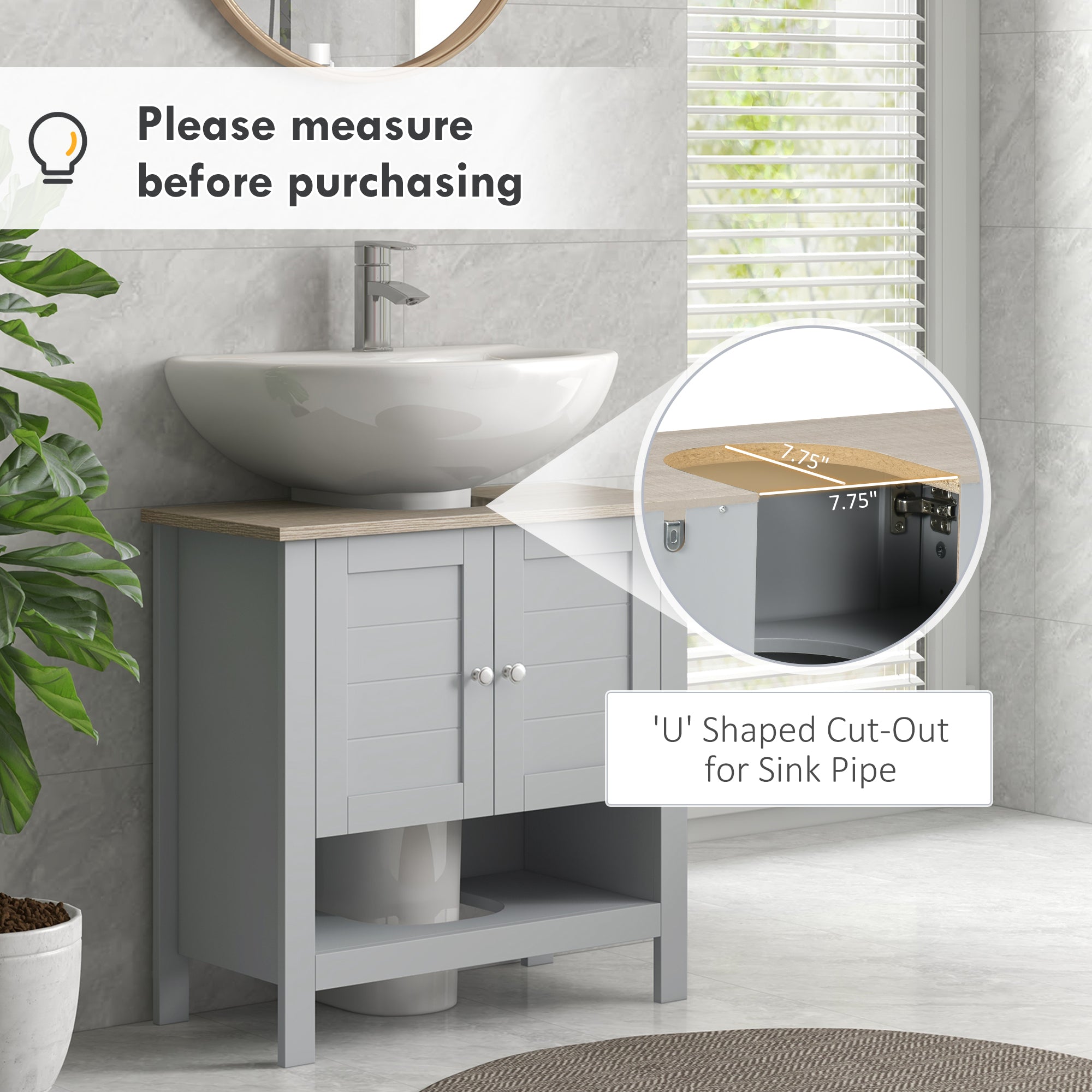Pedestal Sink Storage Cabinet, Under Sink Cabinet, Bathroom Vanity Cabinet with Adjustable Shelf and Open Bottom Shelf, Gray