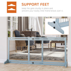 71" W x 27.25" H Extra Wide Freestanding Pet Gate with Adjustable Length Dog, Cat, Barrier for House, Doorway, Hallway, Blue-Gray