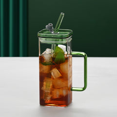 6 Pcs Glass Straw Cup, 6 Colors Square Glass Cup With Straw And Lid, High Borosilicate Glass Cup, Milk Cup, Juice Cup, Cold Drink Cup, Coffee Cup, Tea Cup, Office Cup, Gift Cup