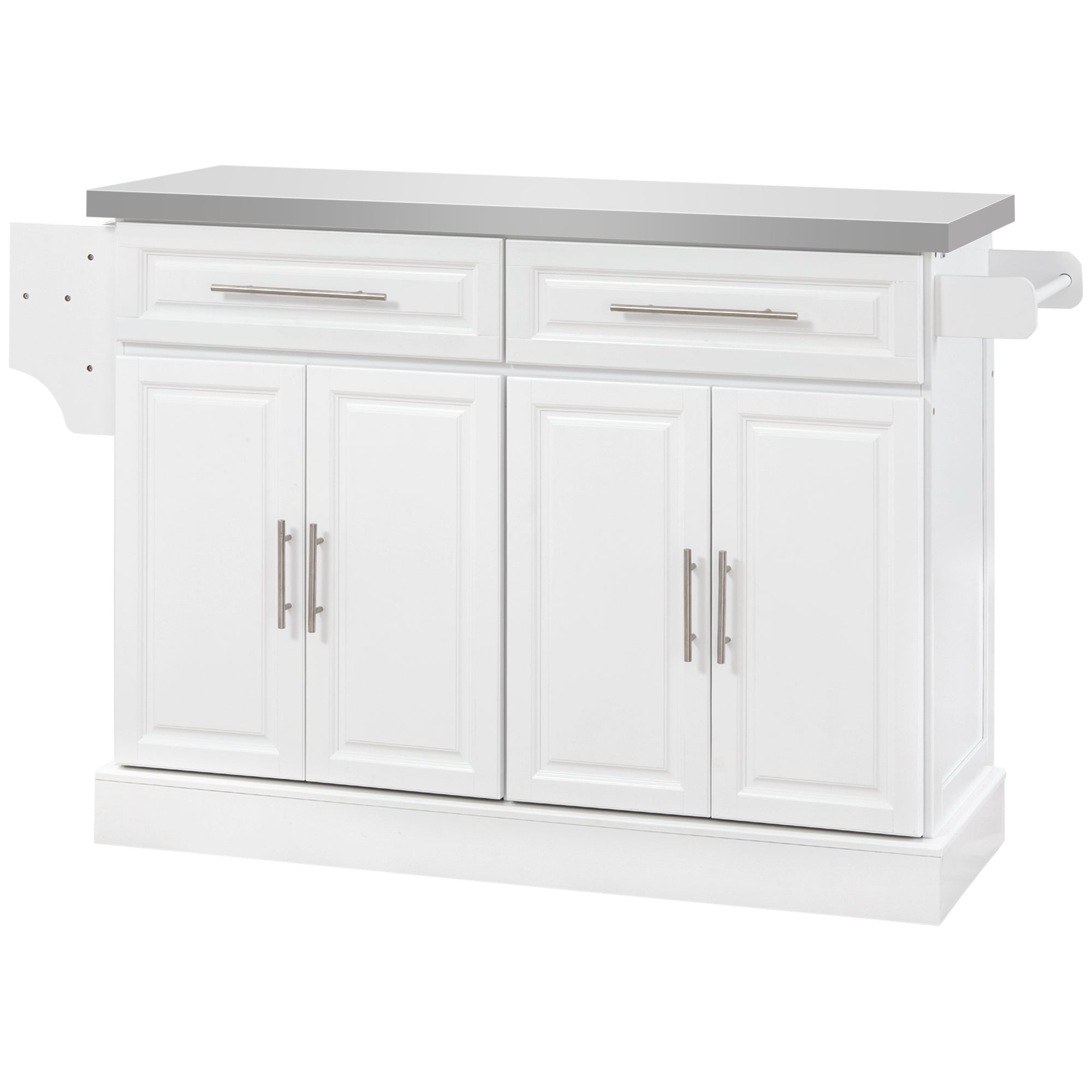 Rolling Kitchen Island Cart with Wheels, Portable Island Table for Kitchen with Stainless Steel Top, Adjustable Shelves, 2 Drawers, Spice, Knife and Towel Rack, White