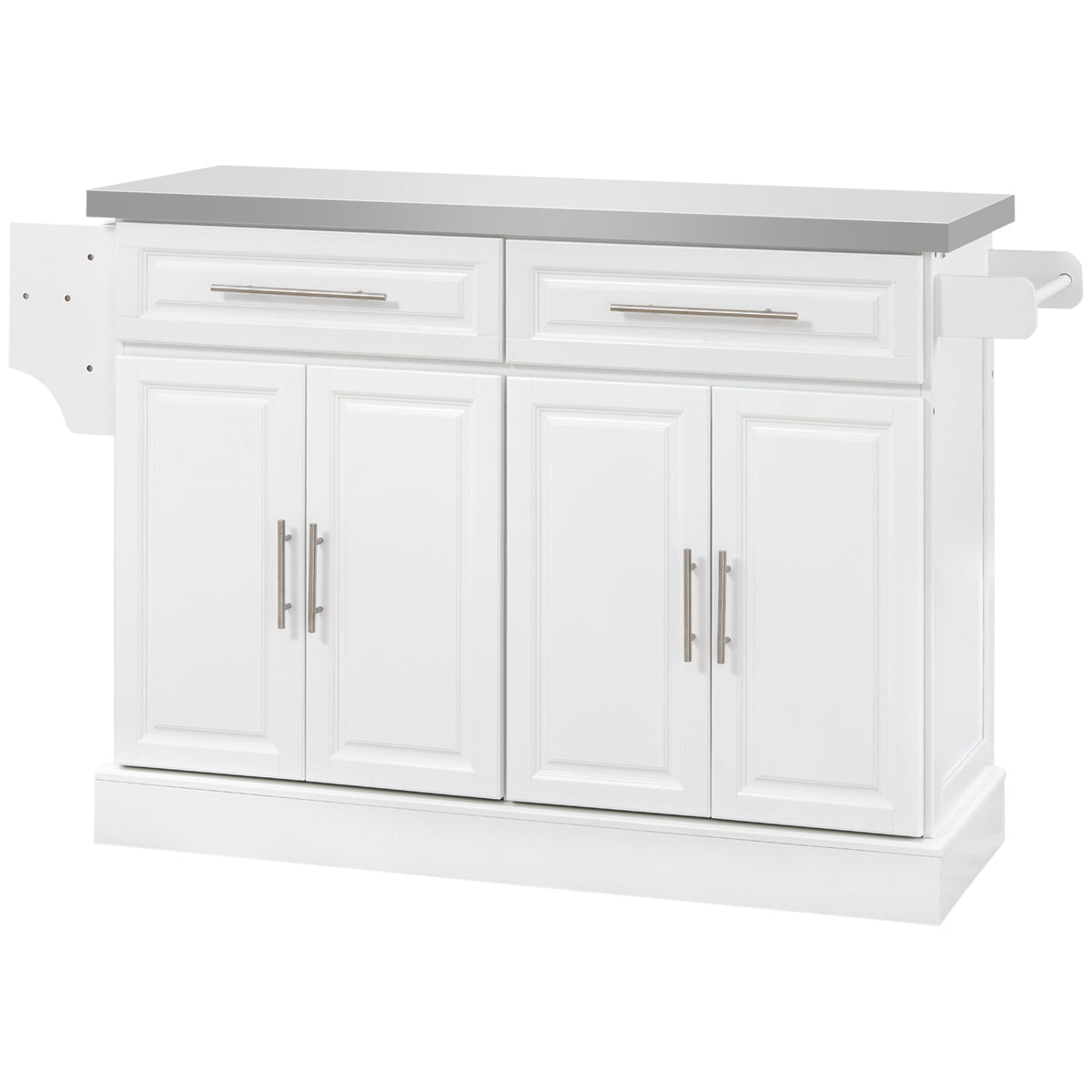 Rolling Kitchen Island Cart with Wheels, Portable Island Table for Kitchen with Stainless Steel Top, Adjustable Shelves, 2 Drawers, Spice, Knife and Towel Rack, White