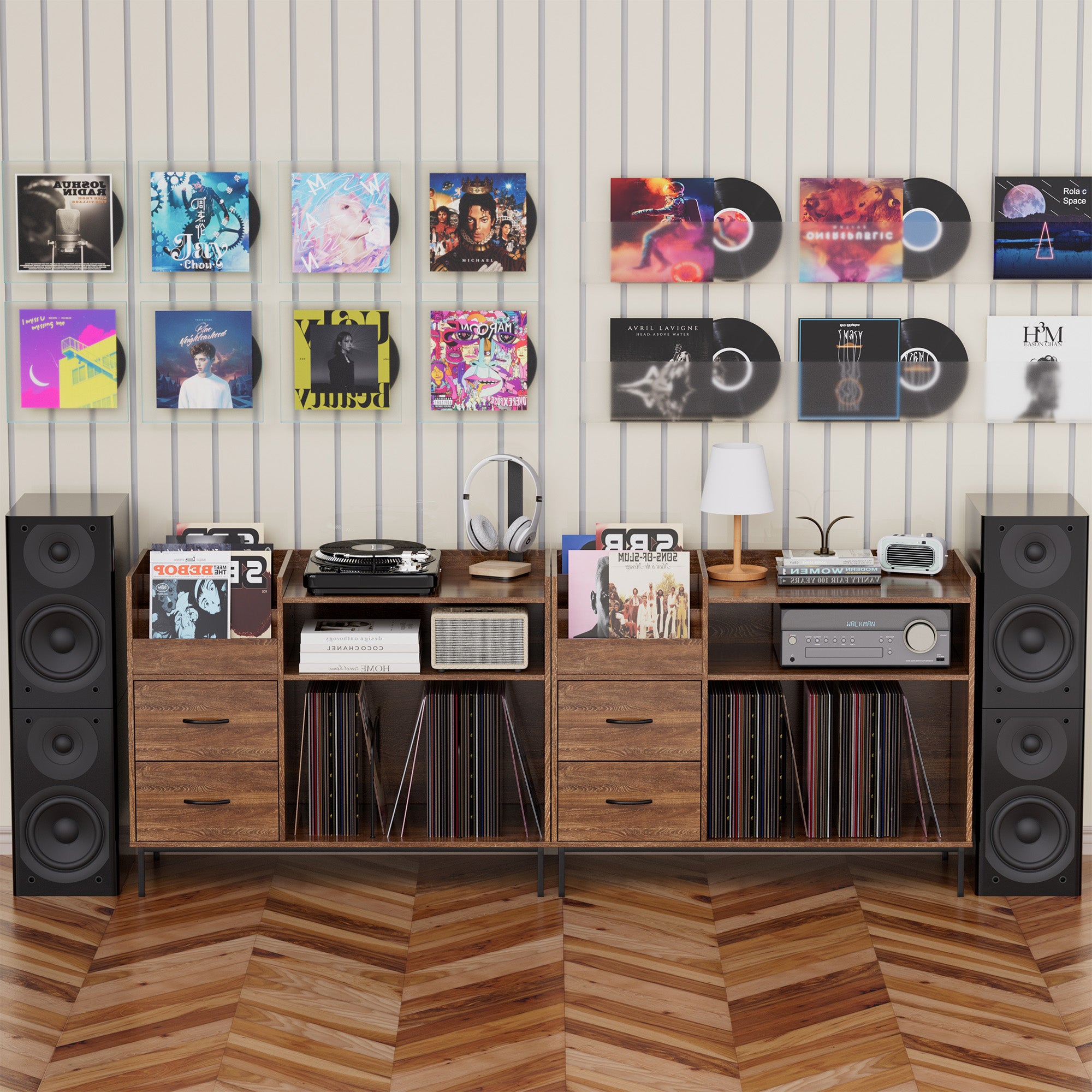 Record Player Stand With Adjustable Shelves, Holds 350 Vinyls, Media Console With Speaker Shelf & 2 Drawers, 27.6 Turntable TV Stand For Living Room, Bedroom, Some Assembly Required