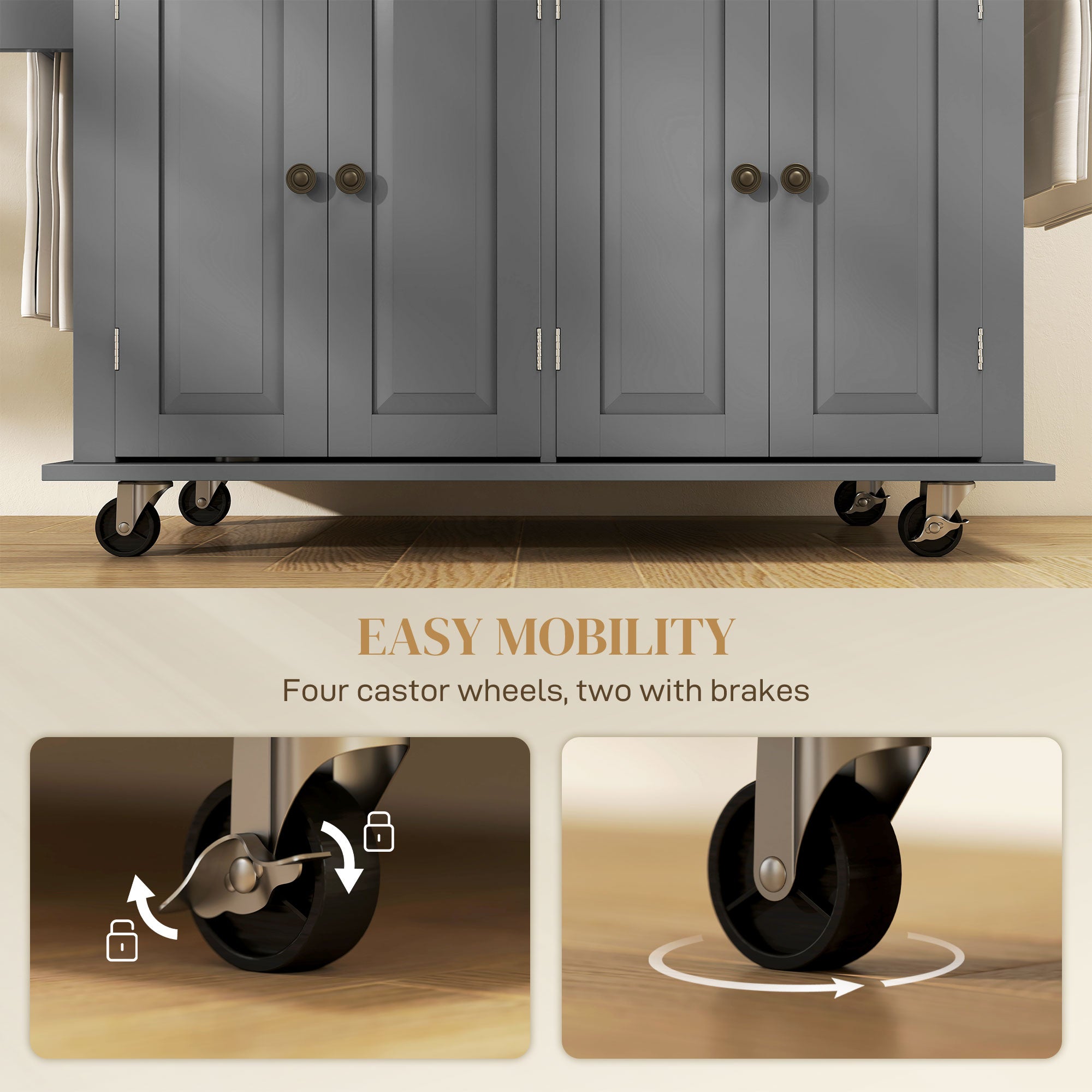 Kitchen Island Cart with Rubber Wood Top, Rolling Kitchen Island Table on Wheels with Drawers, Adjustable Shelves, Spice Rack and Towel Rack for Dining Room, Gray