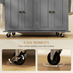 Kitchen Island Cart with Rubber Wood Top, Rolling Kitchen Island Table on Wheels with Drawers, Adjustable Shelves, Spice Rack and Towel Rack for Dining Room, Gray