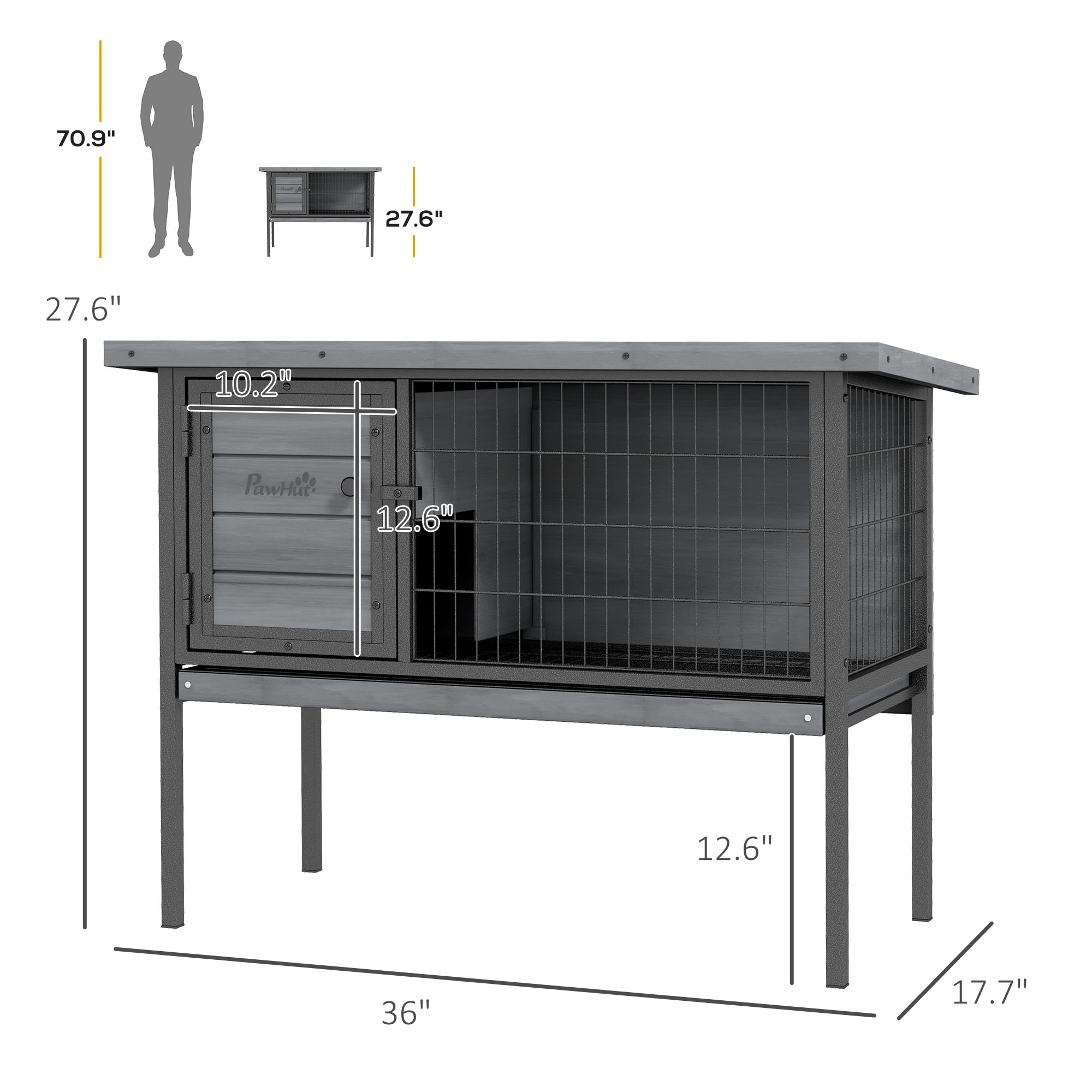 Wooden Rabbit Hutch Elevated with No Leak Tray, Openable Roof for Indoor/Outdoor, Gray