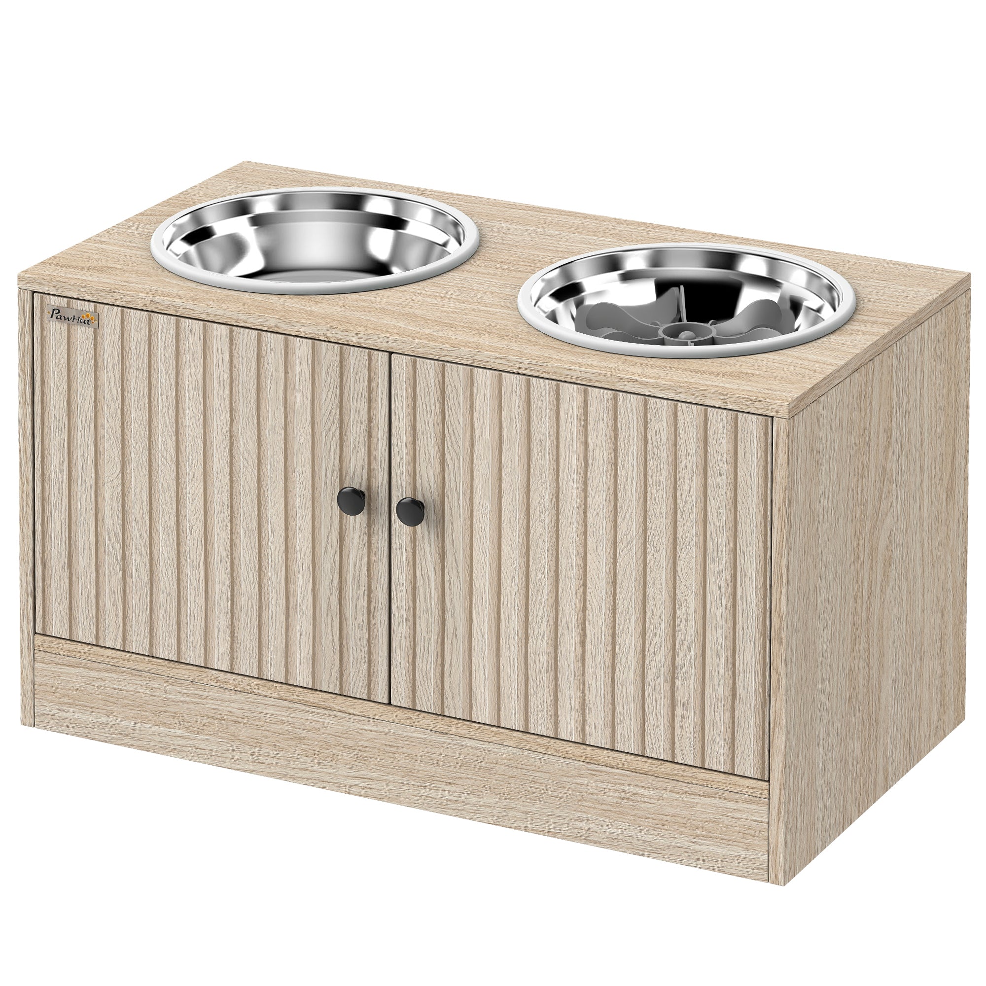 Elevated Dog Bowls with Storage Cabinet,  2 Stainless Steel Bowls, Slow Feeder, Dog Feeding Station for Large Dogs, Oak