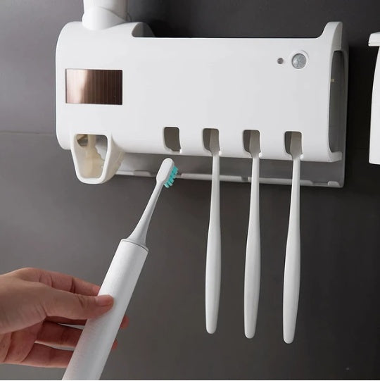 UV Light Sterilizer Toothbrush Holder Cleaner & Automatic Toothpaste Dispenser