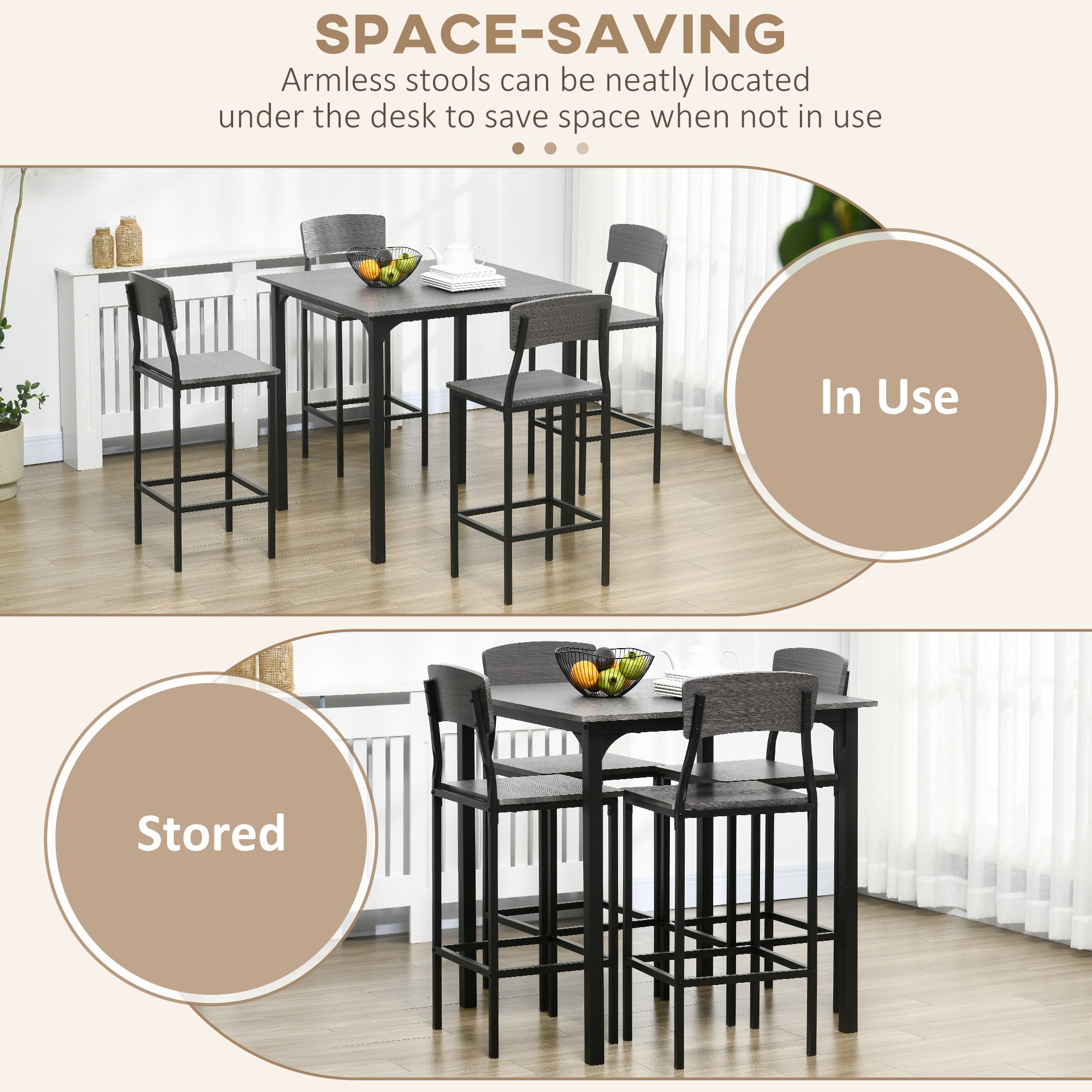 5-Piece Counter Height Bar Table with Space-Saving Design, Square Kitchen Table and Chairs Set with Footrest, Metal Legs, Industrial Dining Table Set for 4, Gray