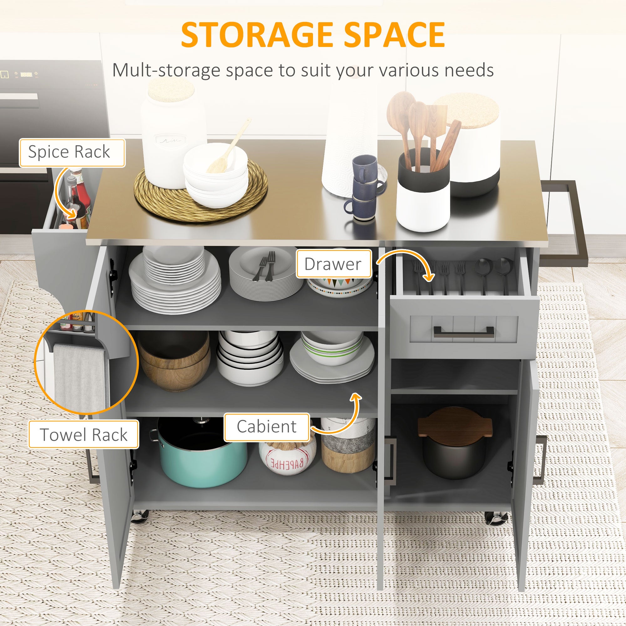Kitchen Island with Wheels, Kitchen Island on Wheels with Drawer, 3 Cabinets, Stainless Steel Countertop, Gray