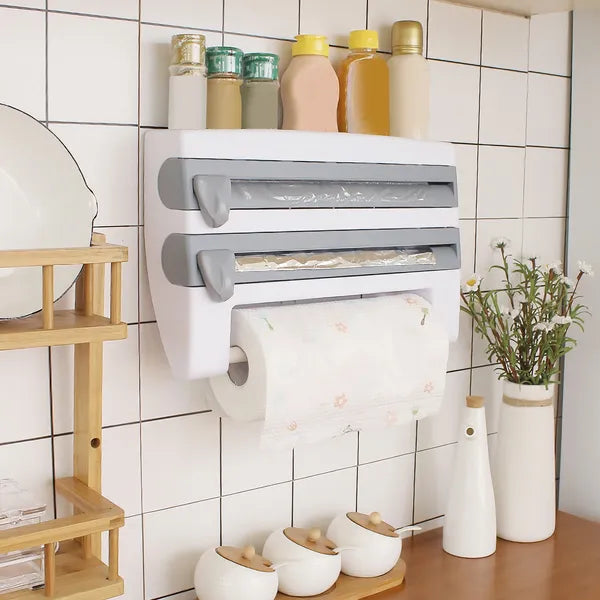 Kitchen Roll Dispenser Paper Roll Holder Plastic Wrap Film Foil Paper Organizer W/ Cutter Wall Mounted For Kitchen Bathroom