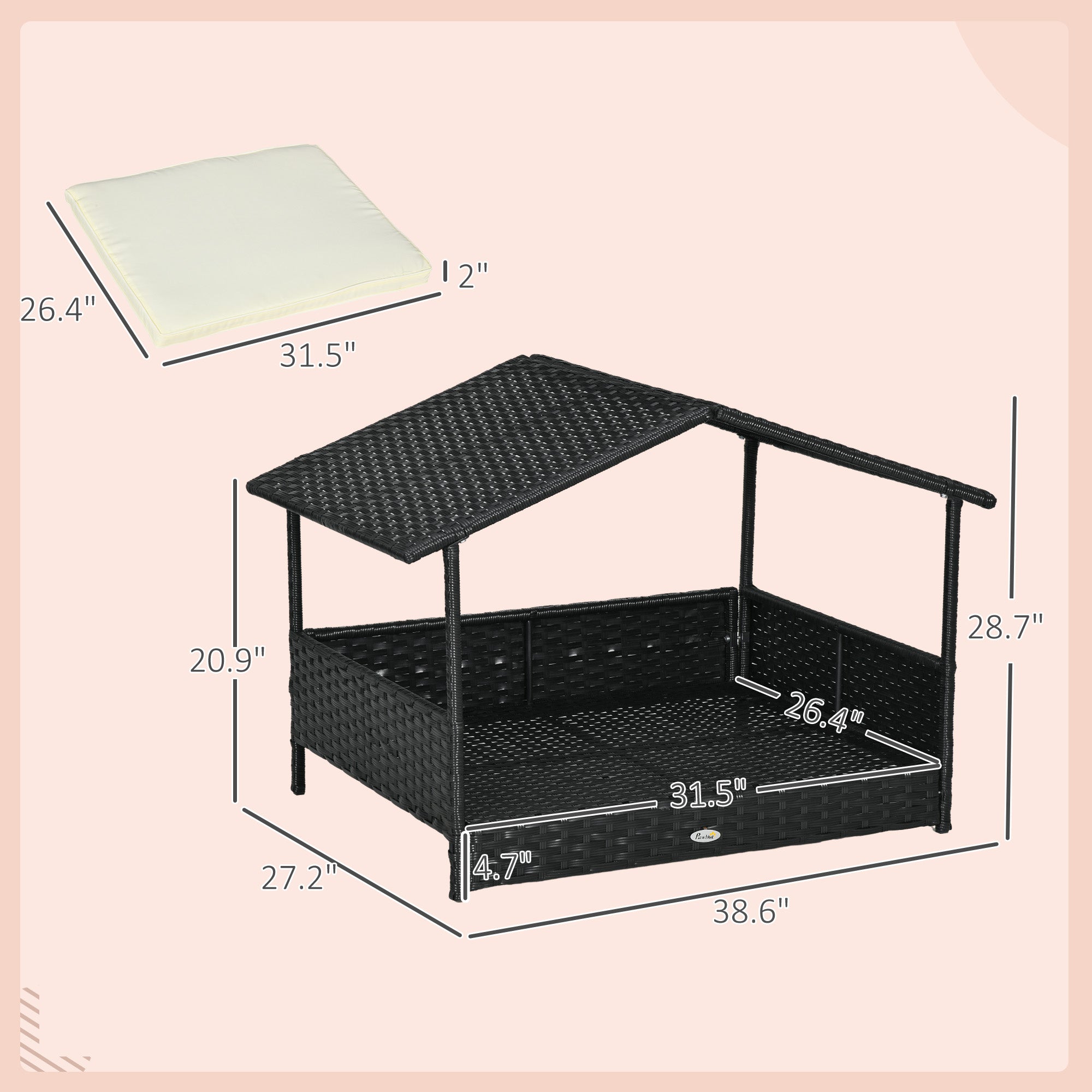 Wicker Dog House with Removable Cushion Lounge, Cream White