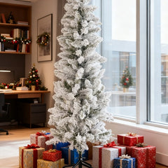 Pencil Christmas Tree, Prelighted Artificial Slim Christmas Trees With 250 Incandescent Lights, 571 Branch Tips & Foldable Base