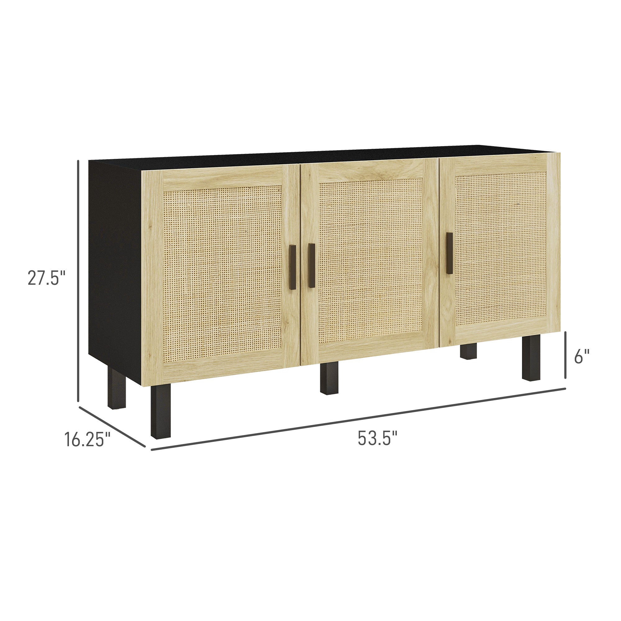 Boho Kitchen Cabinet, Buffet Cabinet with 3 Rattan Doors and Adjustable Shelves for Dining Room, Black and Natural
