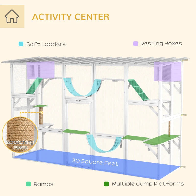 Cat Window Box , Large Catio With Shelves & Bridges, Outside Enclosure For Multiple Cats, White