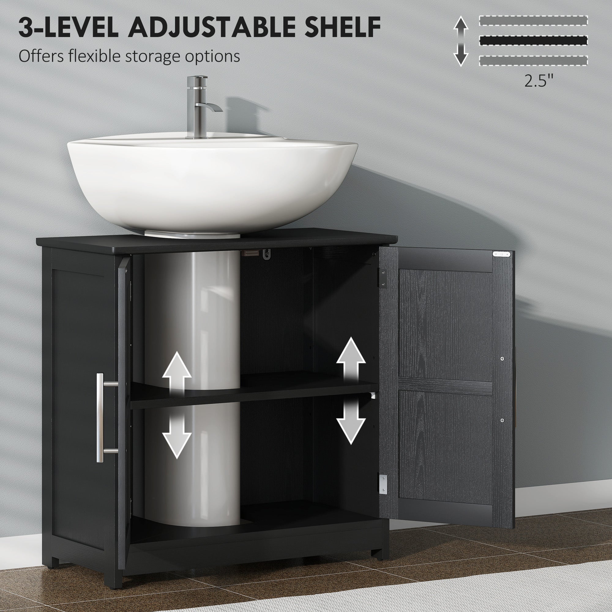 Farmhouse Pedestal Sink Storage Cabinet, Bathroom Sink Cabinet with 2 Barn Doors and Adjustable Shelf, Distressed Black