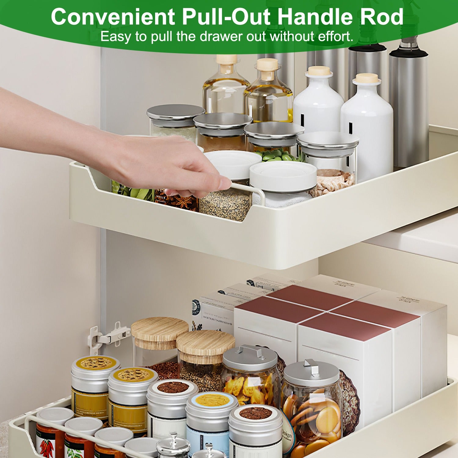 2Pcs Pull Out Cabinet Organizers Sliding Shelf Spice Rack Carbon Steel Roll Out Drawers Fixed With Adhesive Nano Film With Handle 55LBS Max Load