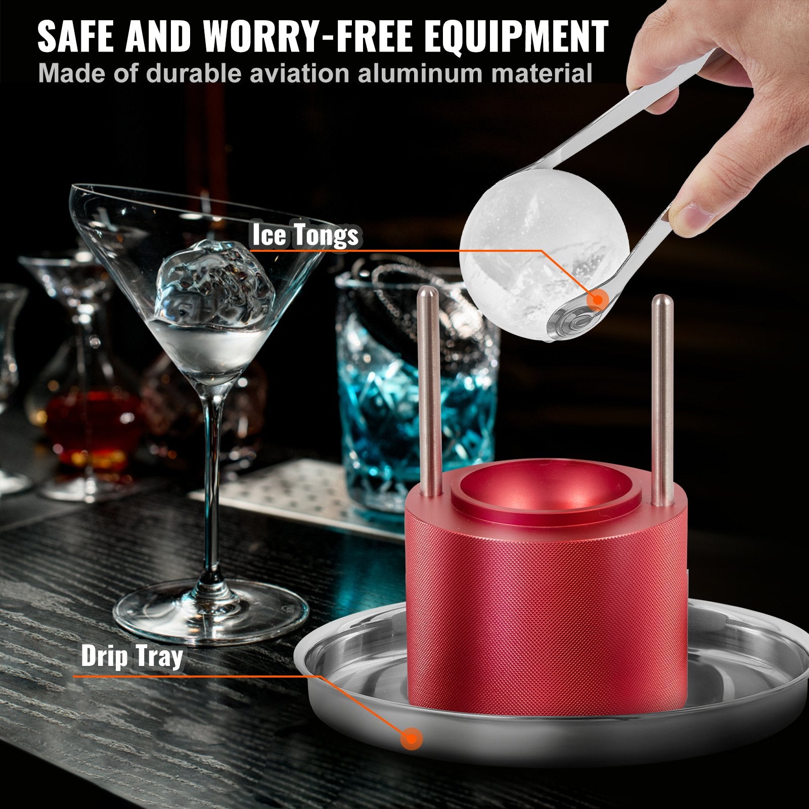 Ice Ball Press, 2.4' Ice Ball Maker, Aircraft Al Alloy Ice Ball Press Kit For 60mm Ice Sphere, Ice Press With Tong And Drip Tray, For Whiskey, Cocktail, Bourbon, Scot On Party & Holiday, Red